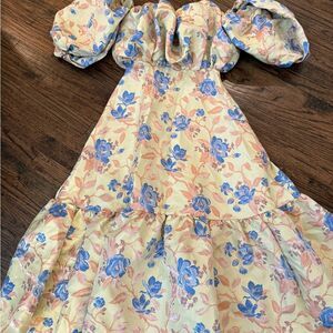 ASOS EDITION blouson off shoulder midi dress in floral jacquard-SS1